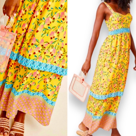 FARM RIO 🍌 Anthropologie Tropical Anjou Cashew Yellow Layered Maxi Dress NWT - Picture 3 of 17